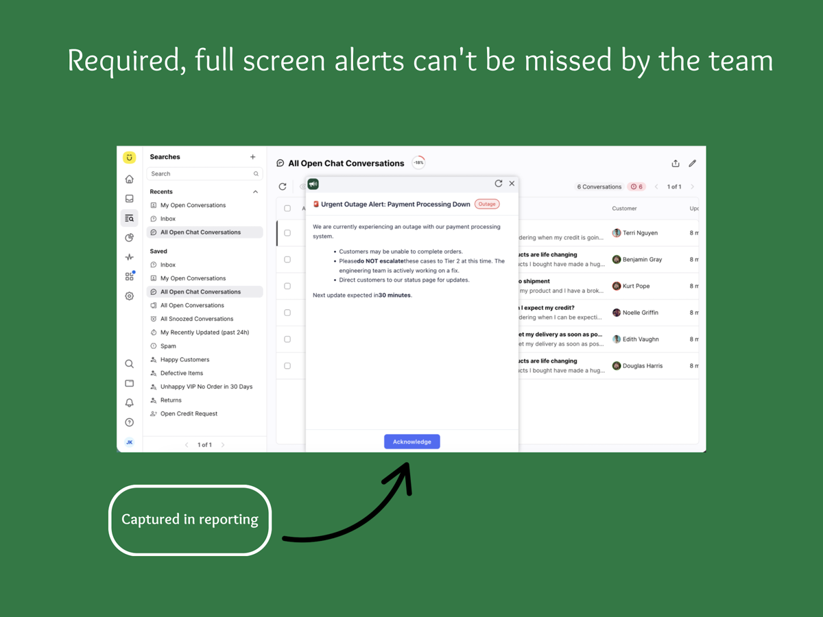 A required full-screen Custom Notifications alert shown over the Kustomer agent workspace