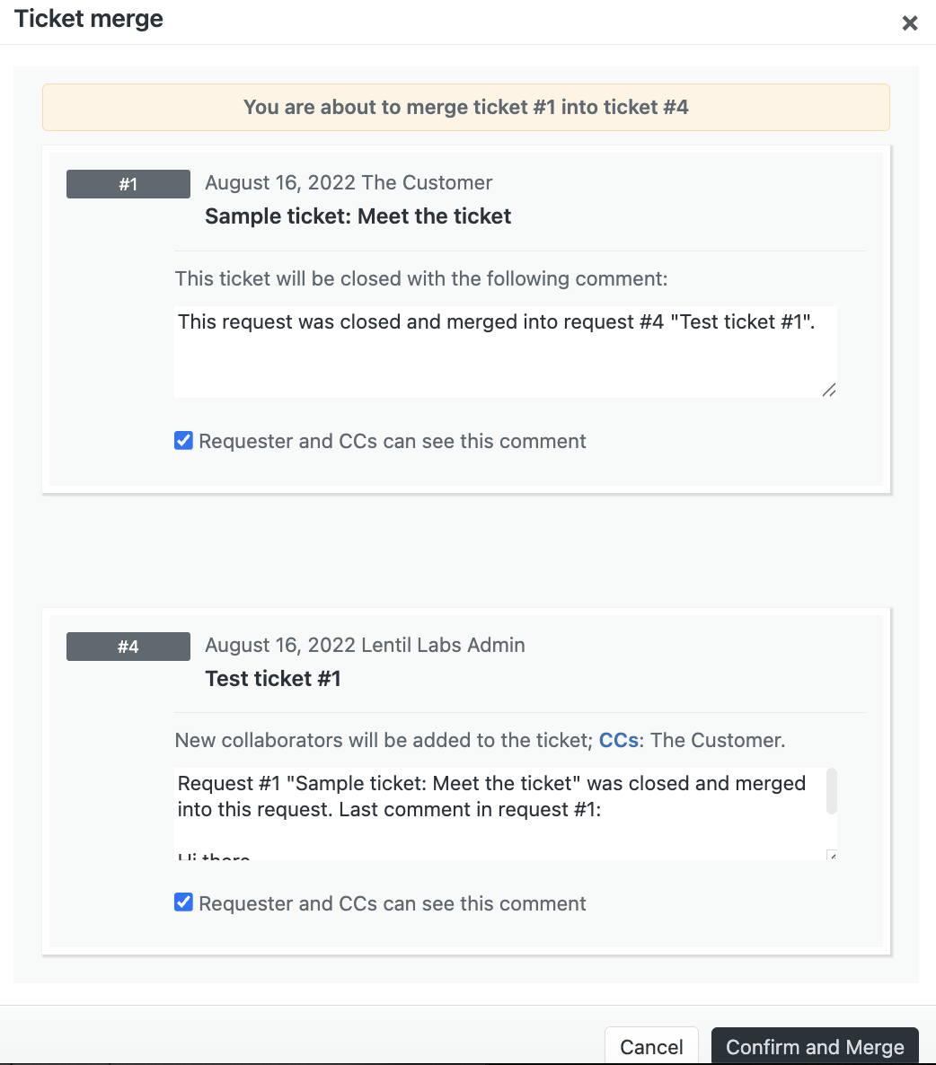 Zendesk manual merge interface